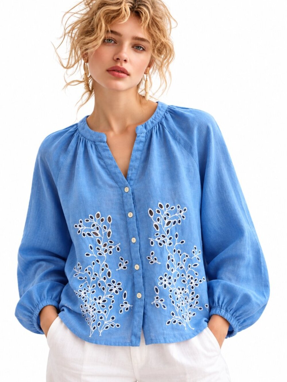 Cotton/linen blend Charlie B. emboidered cut-out blouse